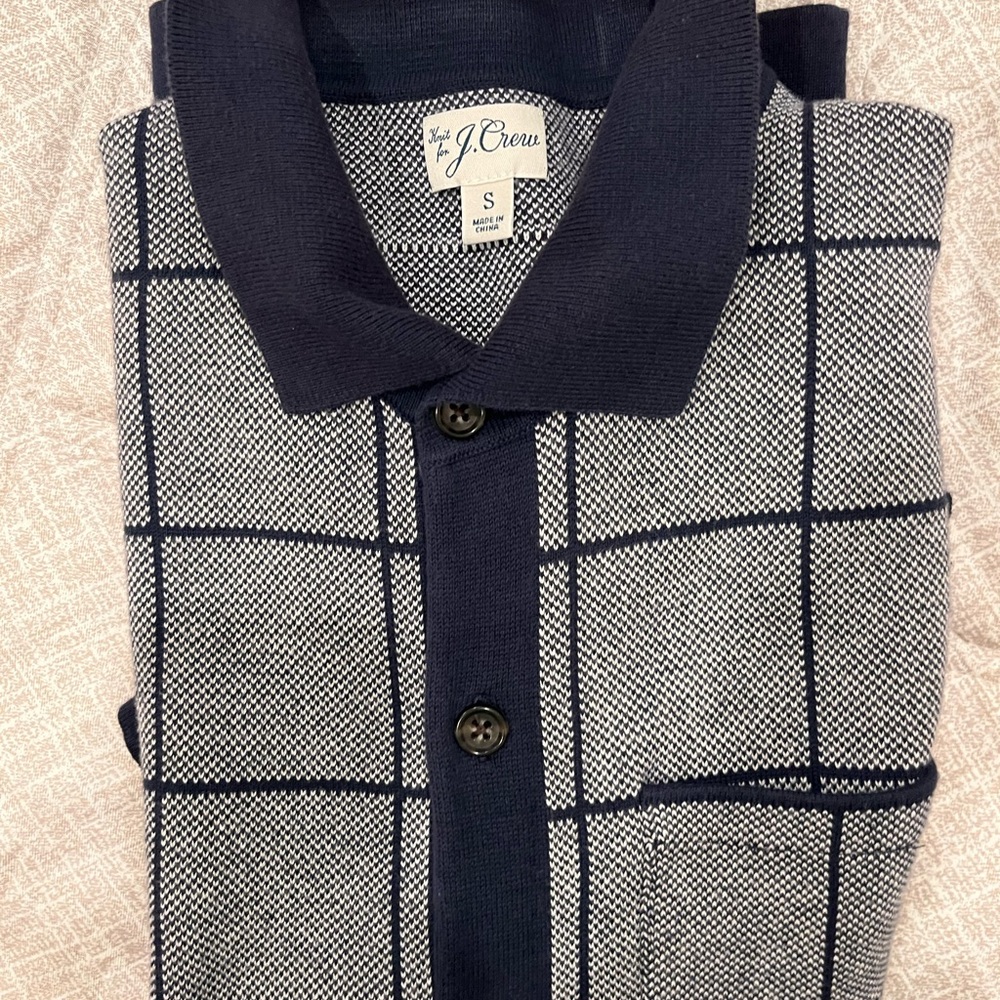 J. Crew Navy and White Windowpane Knit Polo Shirt